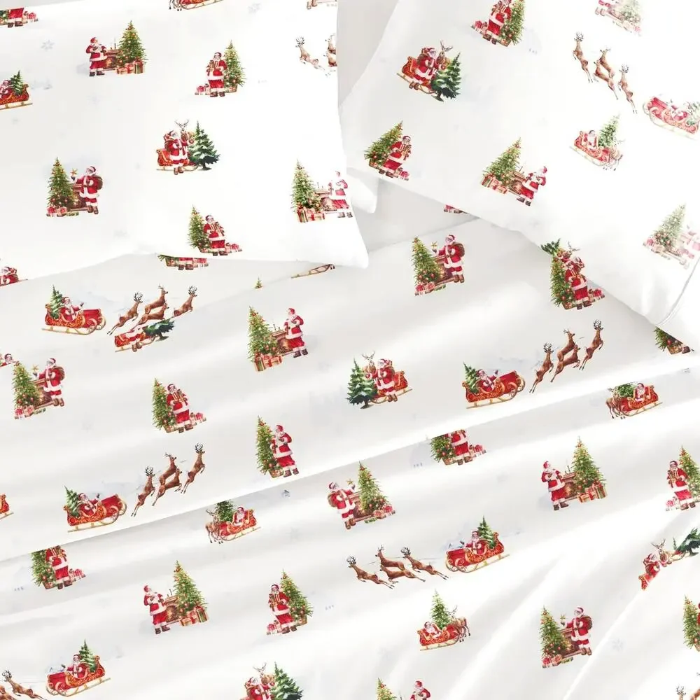Nostalgic Santa FULL Sheet Set 4-Piece Festive Christmas Holiday Bedding New